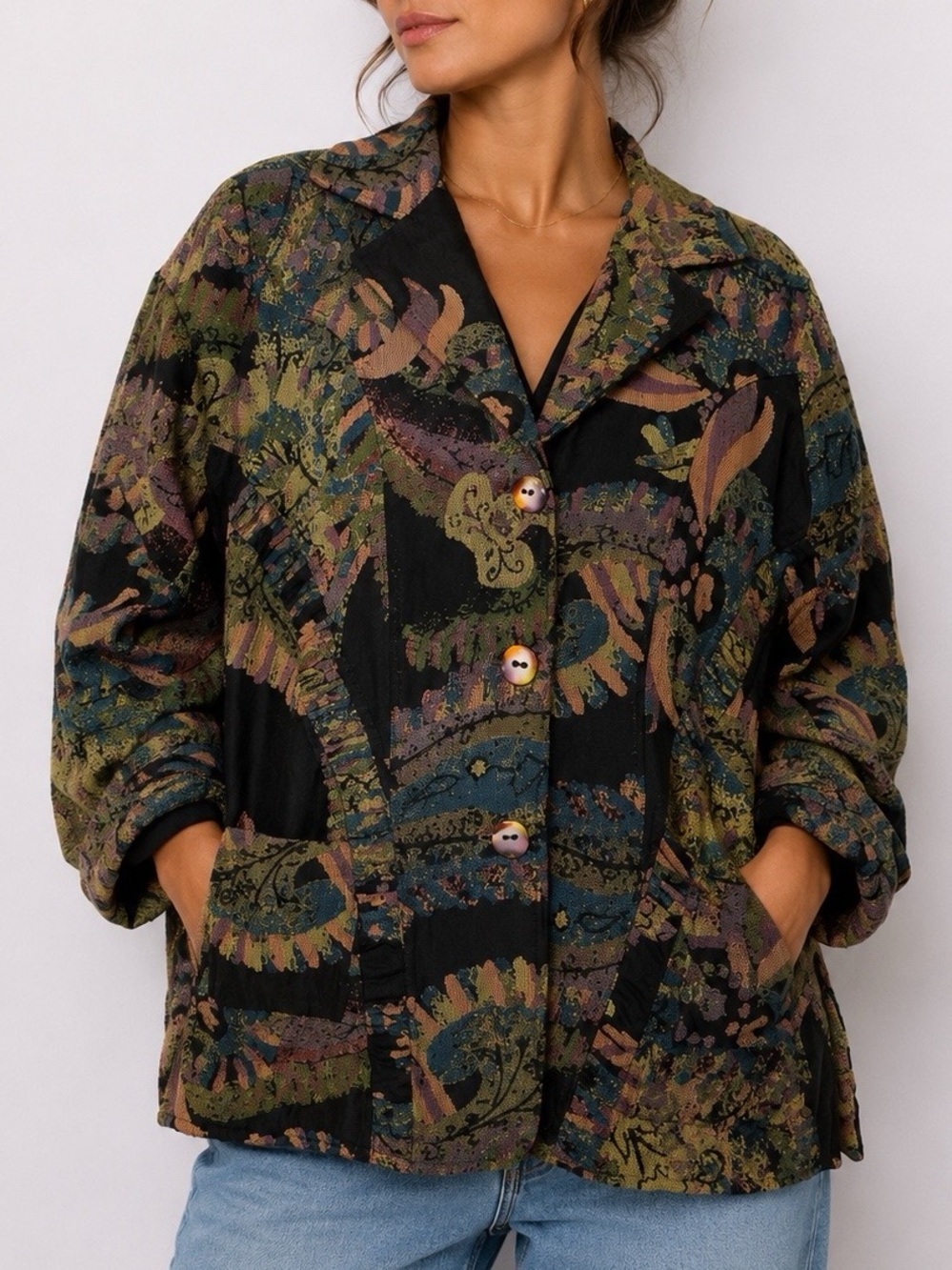 Vintage Jacket Blazer Parsley & Sage Black Multi Botanical Button-Front Festival